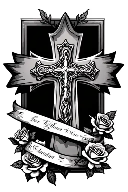 Cross With Banner And Roses In The Background
