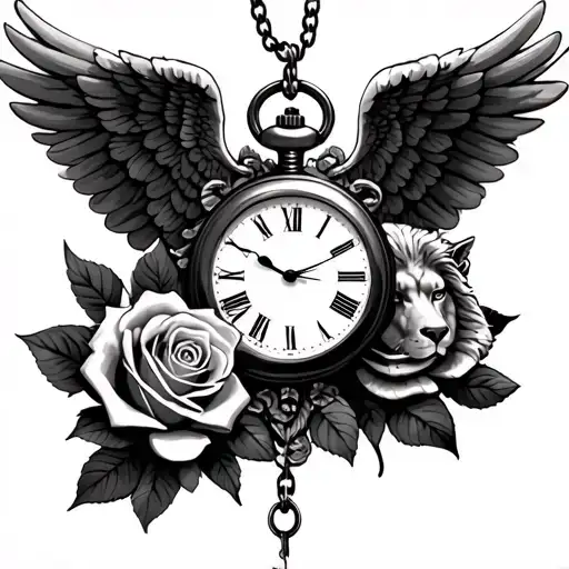 Pocket Watch With Two Angel Wings And Lion And Rose