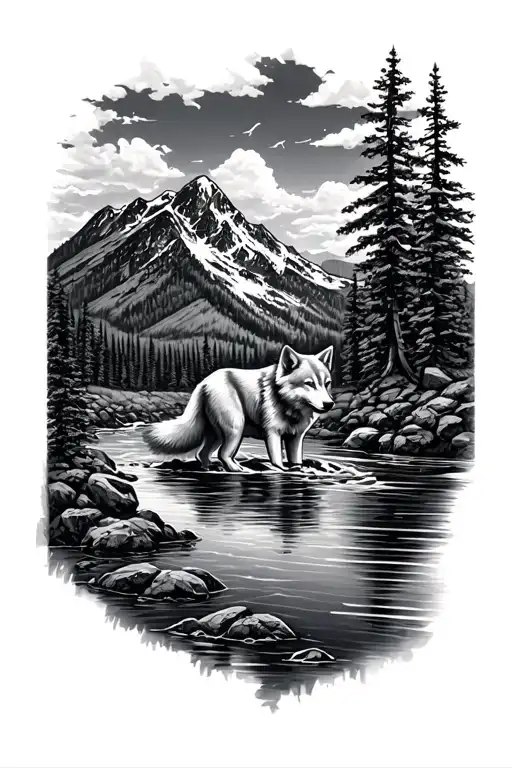 Mountain And Creek With Wolf In Water