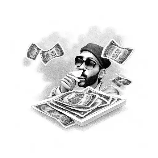 A Black-grey Portrait Of A Drug Dealer Counting Money With Smoke Forming The Background