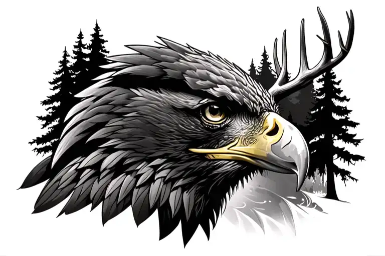 Eagle And Deer Head With Trees
