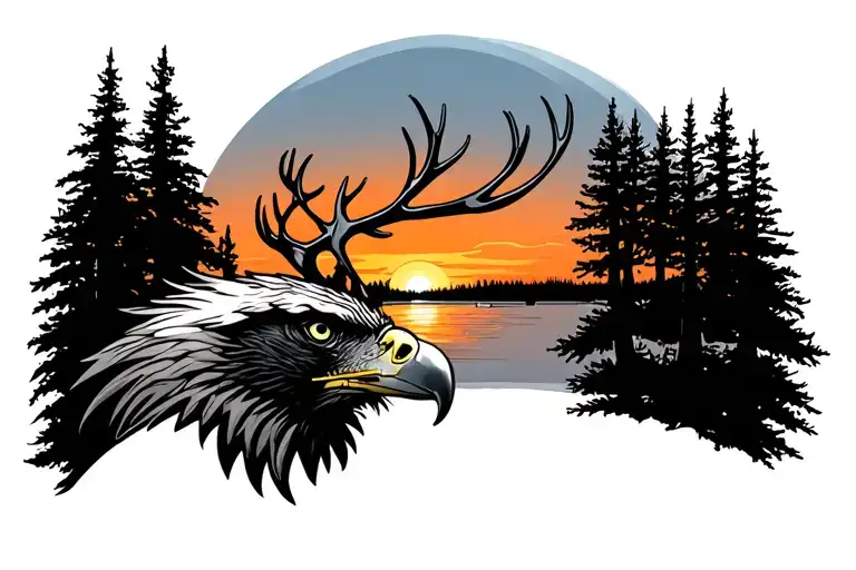 Eagle And Deer Head With Trees Colors Sunset Over Lake
