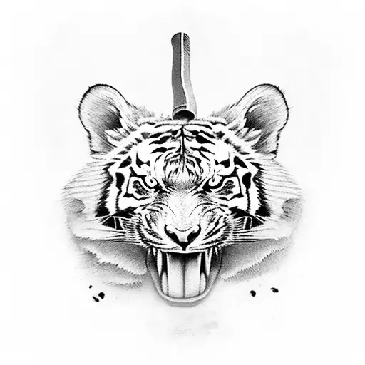 Full Body Tiger With A Red Sword In His Mouth