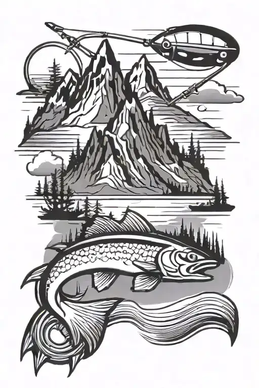 Mountain And Fishing Rod Casting A Line