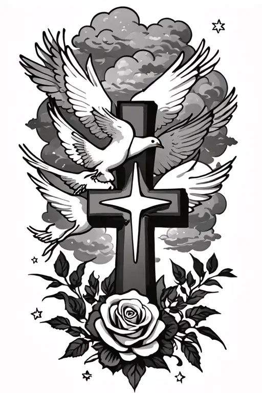 Clouds And White Stars And Doves And A Rose And A Catholic Cross