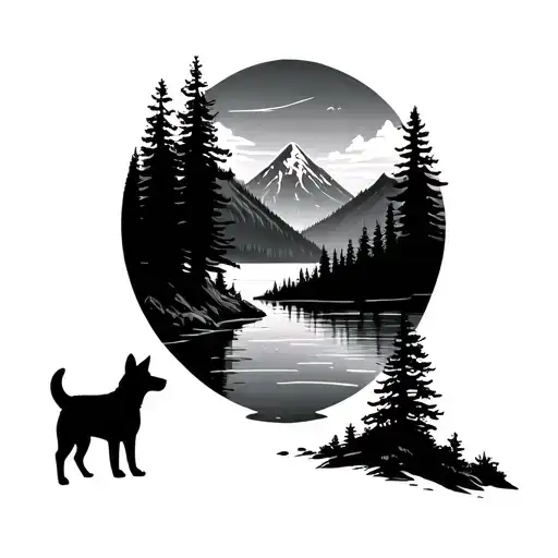Finnish Forest Landscape With Mountains And Lake With Dog