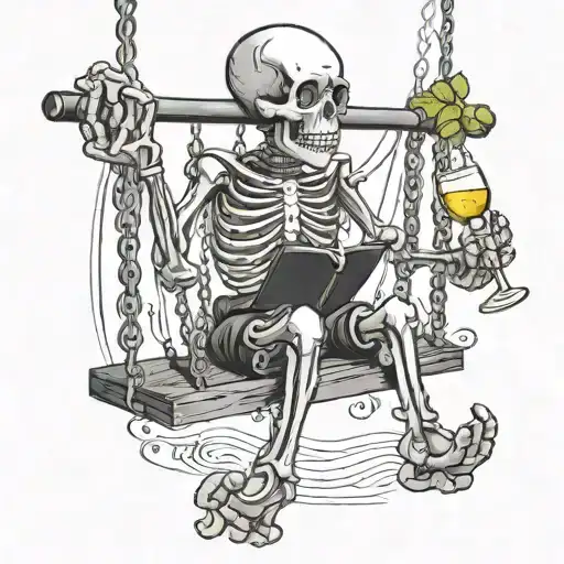 Happy Skeleton On A Swing With A Glass Of Wine Glass