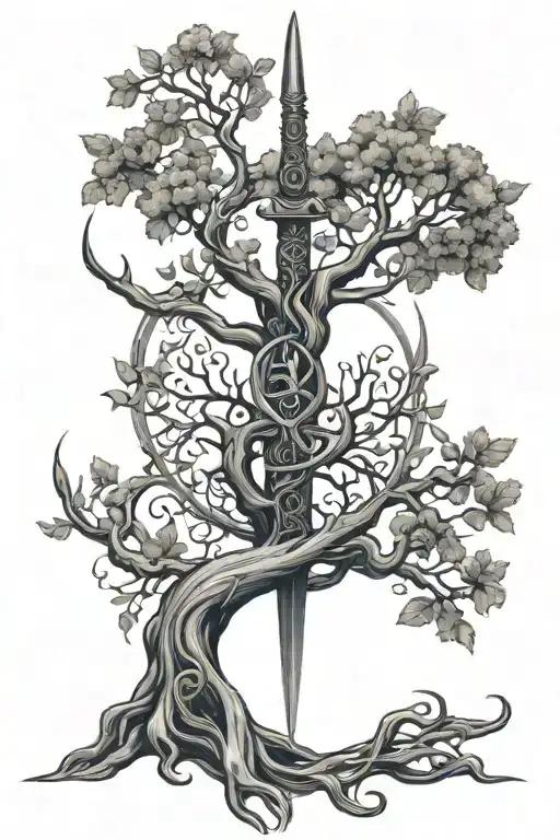 Tree Of Life Intertwined With Long Sword Surrounded