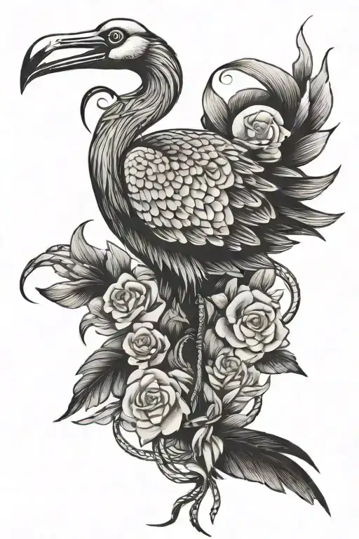 Crane Bird With Flowers And Snake