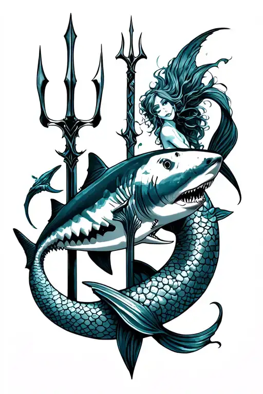 One Trident With One Shark And One Mermaid Swimming Around It