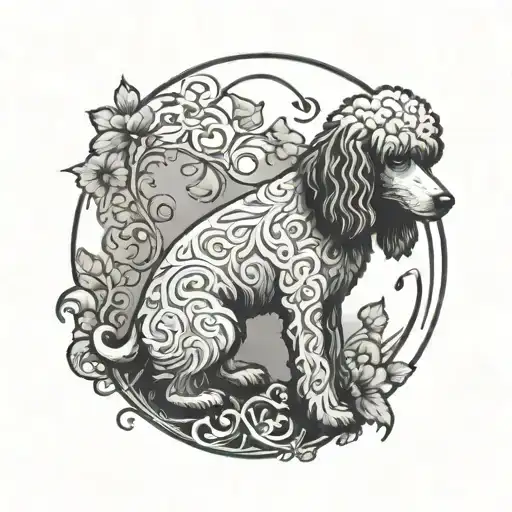 Morning Glory Vines Wrapping Around A Silhouette Of A Dog Groomer Grooming A Standard Poodle