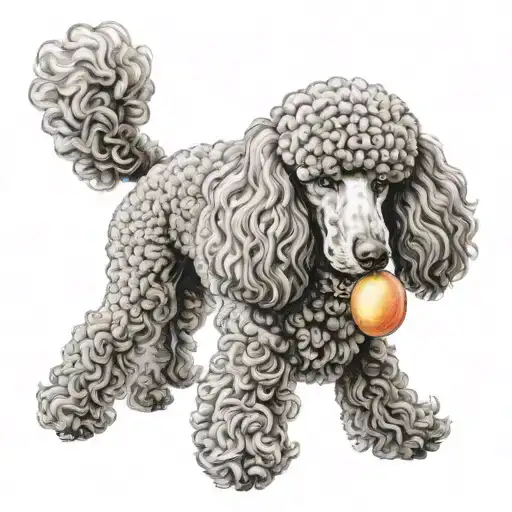 A Realistic Portrait Of A Standard Poodle With A Peach In Its Mouth