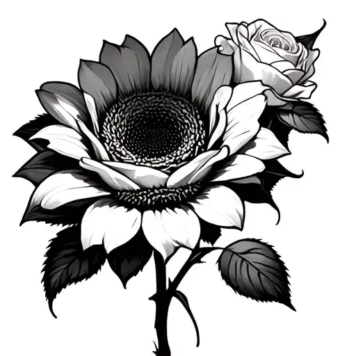 White Rose Next To A Sunflower As An An Abstract Design