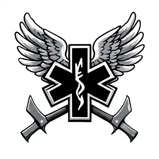 Ems Symbol With Wings With Fire Fighter Axes Behind The Wings