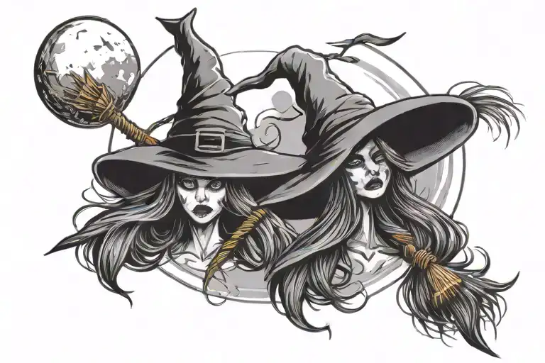 Witches Brooms Crossing Each Other With Witchs Hat And Moon Tattoo