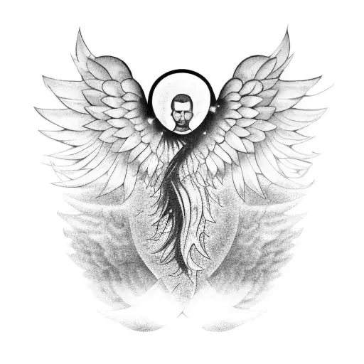 A Black-grey Tattoo Of A Family Tree With Angel Wings