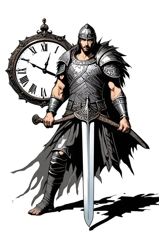 Gladiator Standing With Sword With Clock Behind