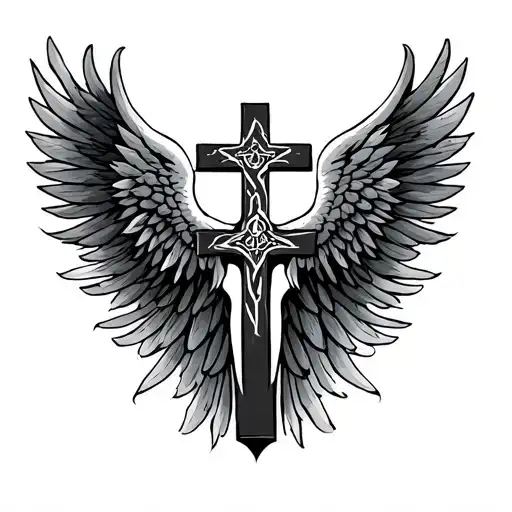 Christian Cross Tattoo On Back With Wings Spread