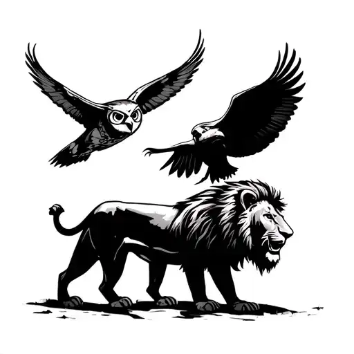 A Beand And A Lion Walking While An Owl Flies Above Them