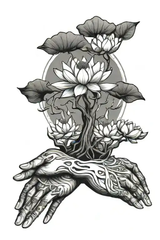 Tree That Have Hands Instead Of Crown And The Hands Hold A White Lotus