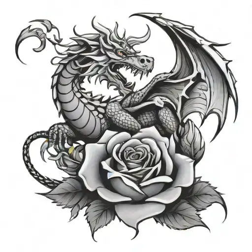 Red Rose Dragon And Crescent Moon Tattoo