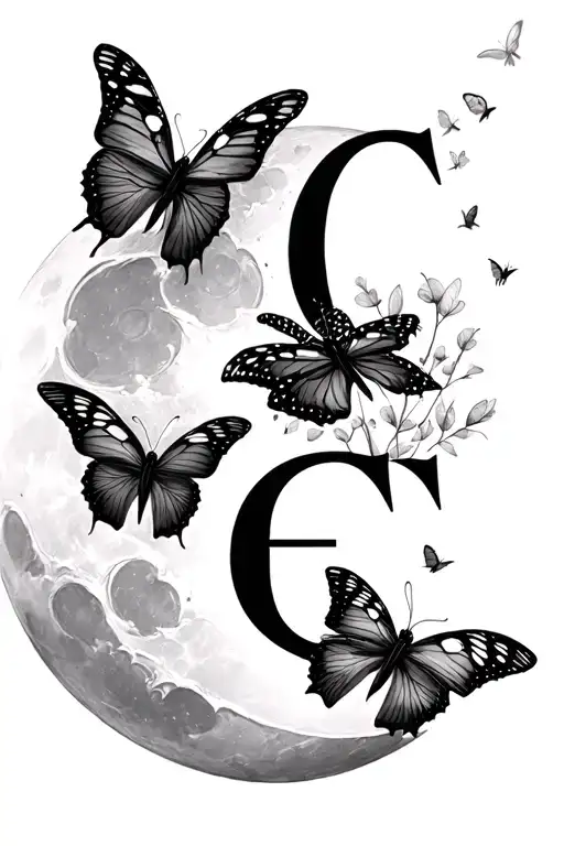 Fineline Moon Butterflies Fling Around Three And The Letters C E G Tattoo
