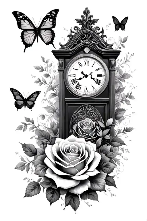 Roses Butterflies Flying And Grandfather Clock On Arm