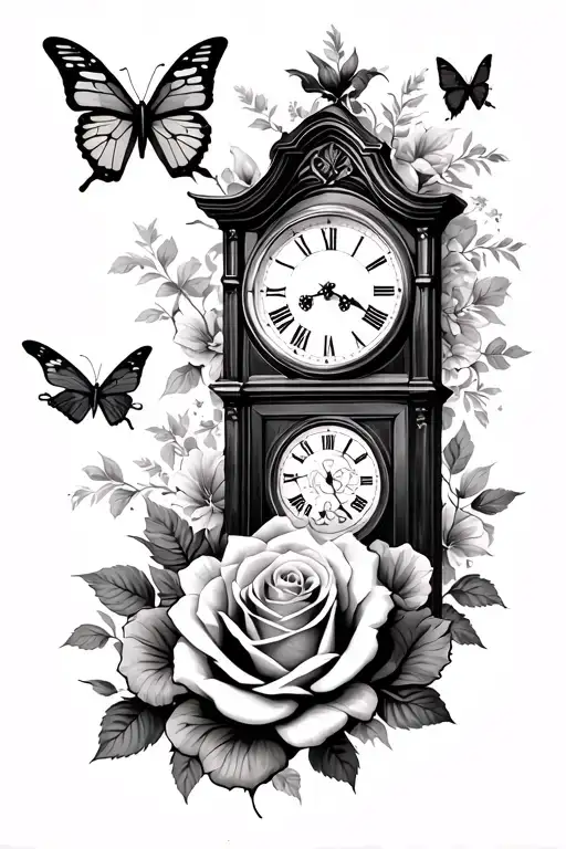 Roses Butterflies Flying And Grandfather Clock On Arm