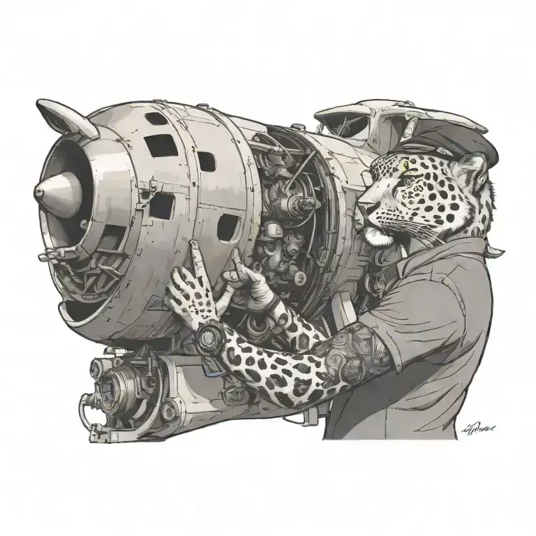 An Aircraft Engineer Inspecting The Engine Of A Plane With A Snow Leopard Perched On Their Shoulder