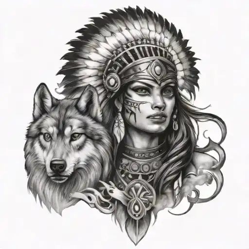 A Girl Indian Warrior With Wolf And Smoke Background