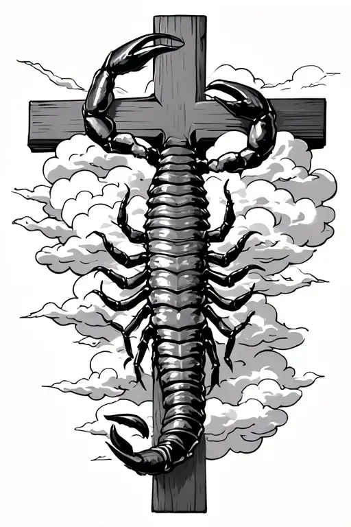 Scorpion Crawling On A Cross Surrounded In Clouds