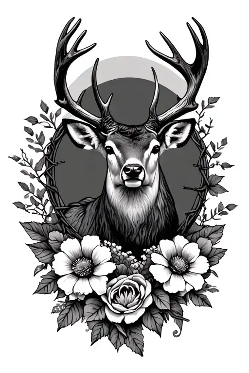 Country And Flowers With Deer Antlers Intertwined With Barbed Wire