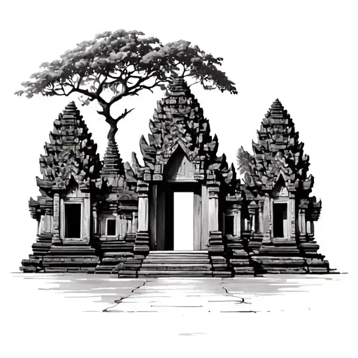 Angkor Temple Gate With Tree Over Doorway