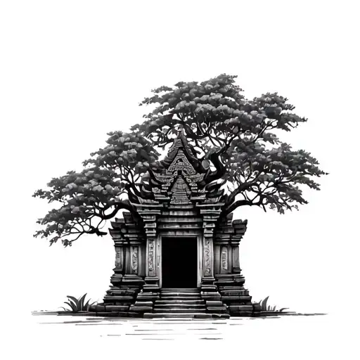 Cambodian Temple Ruin Gate With Tree Over Doorway