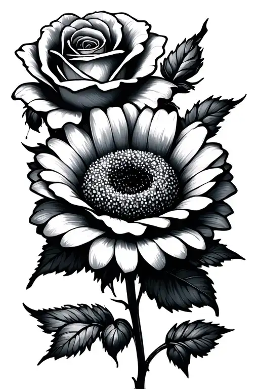 Line Work Rose And Daisy