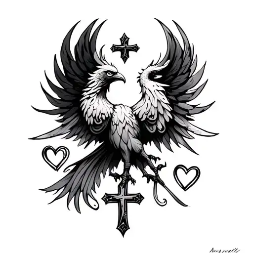 Phoenix With A Cross And Hearts In The Corners