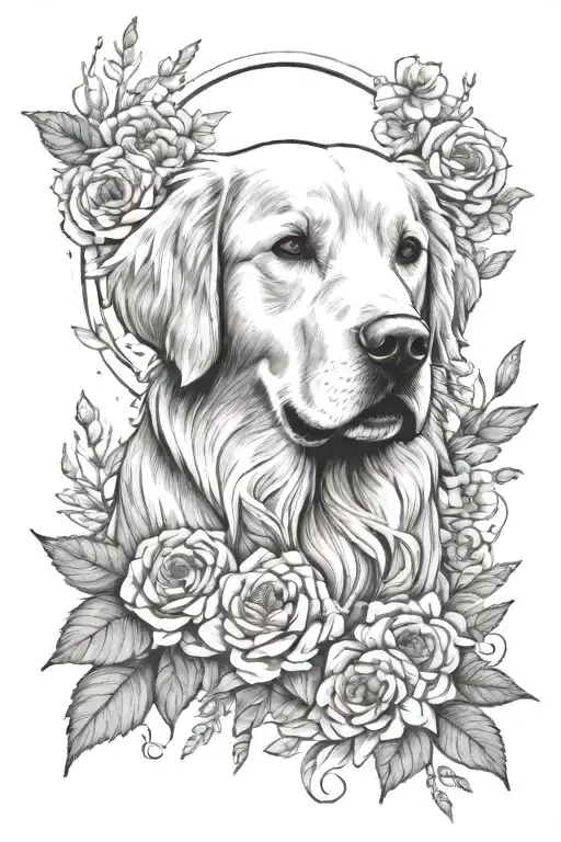 A Golden Retriever Surrounded By Blooming Flowers And The Sun