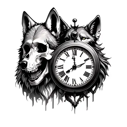 Skull Clock And Wolfs