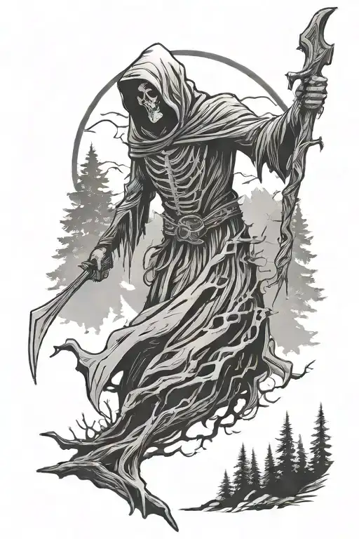 Grim Reaper In A Dark Forest And Mountain Backdrop