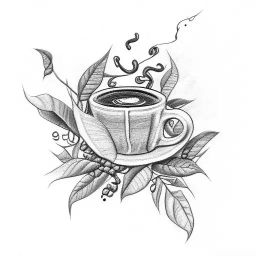 A Detailed Sketch Of A Coffee Plant Entwined With A Latte Art Design