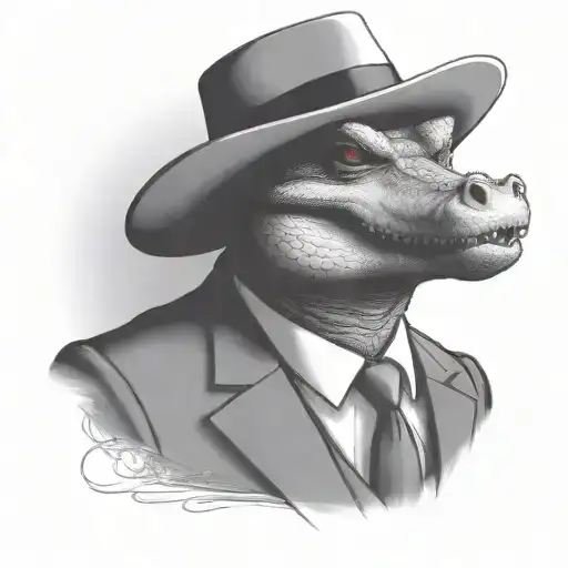A Portrait Of A Serious Alligator Who Is Wearing A Suit And A Mafia Fedora While Smoking A Cigar