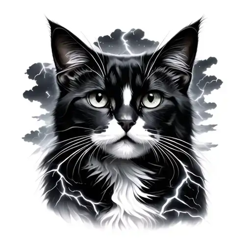 Black And White Cat And Thunderstorm Elements