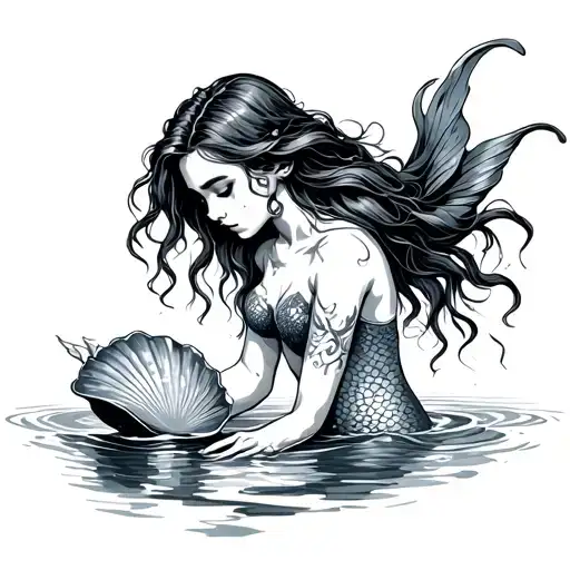 Mermaid With Long Hair Facing Down Reaching For A Shell