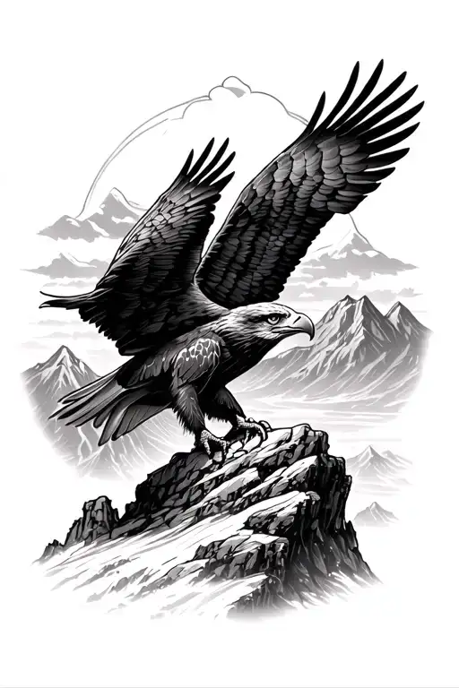 Eagle Perched On Top Mountain Landscape