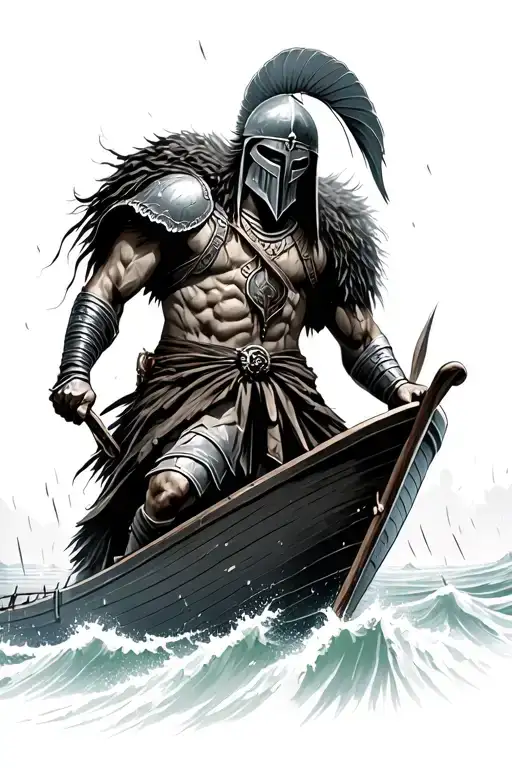 Spartan Warrior On A Boat In Bad Weather