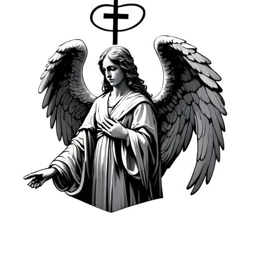 Angel In Robe With Halo And Wings With Cross