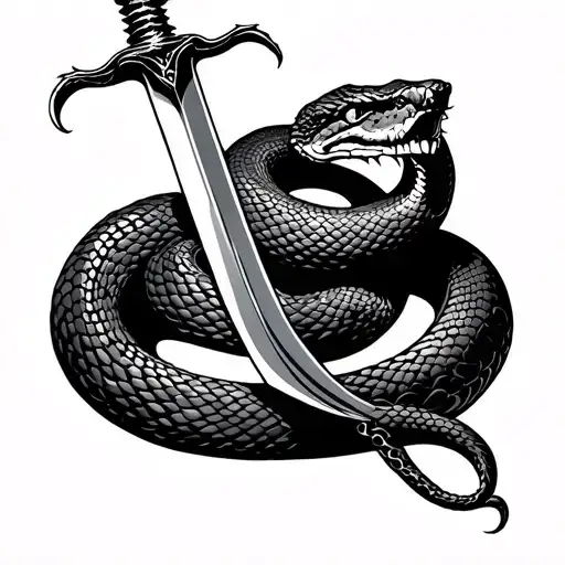 Sword Piercing The Head Of A Snake Coiled