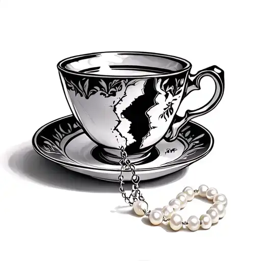 Broken Tea Cup With Pearl Rosary Beads Simple