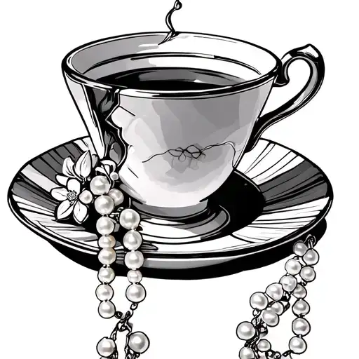 Broken Tea Cup With Pearl Rosary Beads Simple Outline