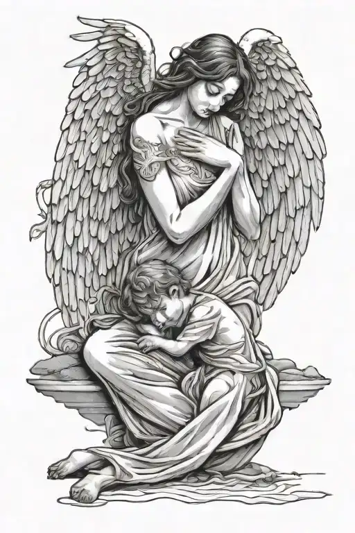 A Angel On The Beach With A Human Sitting Right Beside Them Hugging